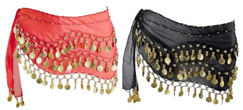 Hitopin 2 Pieces Belly Dance Hip Scarf, Belly Dancing Skirt with 128 Gold Coins, Belly Dance Hip Skirt, Belly Dancing Skirt Hip Scarves, for Belly Dance Yoga Class, Women (Black, Red)