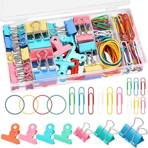 Tatxmalv 199 Pièces Pinces à Documents en Métal, 19 mm/25 mm/32 mm, Trombones Multicolore pour Scrapbooking, avec Mini Pinces et Élastique, Pinces à Papier pour Maison et Bureau (Couleur)