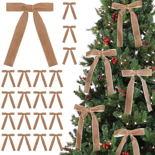 24Pcs Christmas Tree Bows, 5x7 inch Velvet Ribbon with Twist Ties, Rustic Bows Vintage Velvet Bows Christmas Decorations Ornaments for Gift Wrapping Garland Wreath Wedding Decor