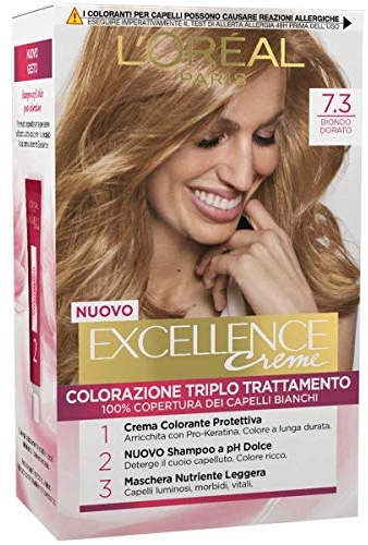 L’Oréal Paris Colorazione Triplo Trattamento Excellence, Con Acido Ialuronico, 100% Copertura Capelli Bianchi, Per Capelli Più Idratati, Biondo Dorato (7,3)