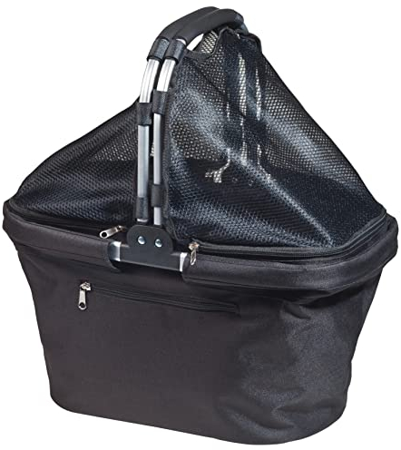 Faltbarer Einkaufskorb schwarz mit Erweiterungsnetz und Aluminiumgriff Klappbare Einkaufstasche max 32 Liter Volumen