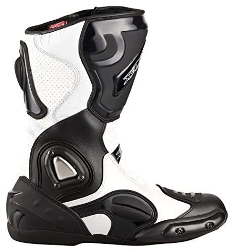 XLS Motorradstiefel, Racing Boots aus Echtleder, Herren Motorradschuhe in schwarz/weiß, wasserabweisend, inkl. Knöchelschutz (46)