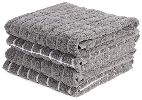 samsto Grey Tea Towels, Kitchen Towels Cotton, Tea Towels for Kitchen with Hanging Loops, 45x65cm, Kitchen Towels Set of 4