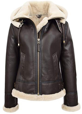 House Of Leather Femmes Veste Capuche en Vraie Peau de Mouton B3 Style Aviateur Pilote Naomi, Marron/blanc, 40
