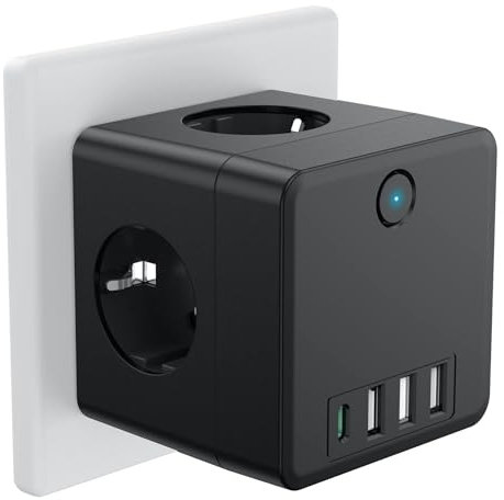 Beedove Multipresa Cubo, Ciabatta Multipresa con 4 Prese CA (3680W/16A), 3 USB, Tipo C, Presa Multipla con Interruttore Protezione da Sovraccarico e Cortocircuito, per Casa, Ufficio, Viaggio - Nero