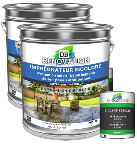 DB Rénovation Vernis de protection sol béton, pierre pour Terrasse, façade - Imperméabilisant, Hydrofuge, Anti-tâche - Incolore 10 KG + 2L Diluant