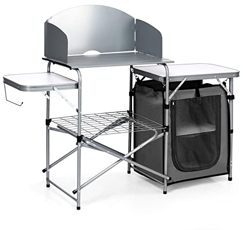 Tangkula Folding Camping Kitchen Table, Aluminum Portable Camping Grill Table with Windscreen, Cook Station, Outdoor Quick Set-up Camp Cook Table with Storage Organizer Shelves, Carry Bag