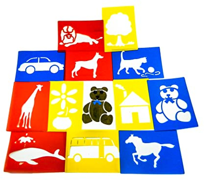 Washable Plastic Stencils | Assorted Pack of 12 | Giant Stencils | 27 cm x 19 cm, Includes: flower, teddy, horse, dog, tree, bus, car, whale, house, cat, giraffe, lion