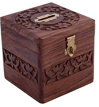 PR INTERNATIONAL Wooden Money Bank Square Size Small Piggy Bank Decorative Home Decor Coin Box For Kids Gift - Brown, Classic