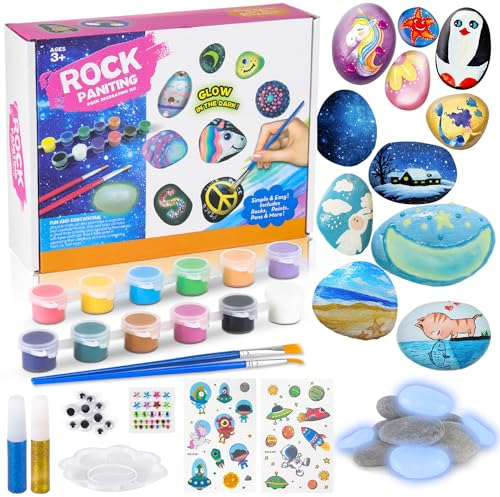 Ezydka Kit Pittura di pietra per bambini, Kit Pittura a Roccia, Bricolage Giocattoli di Pittura con 12 colori, Materiali Artistici per Bambini, Attività da Famiglia Regalo di Compleanno