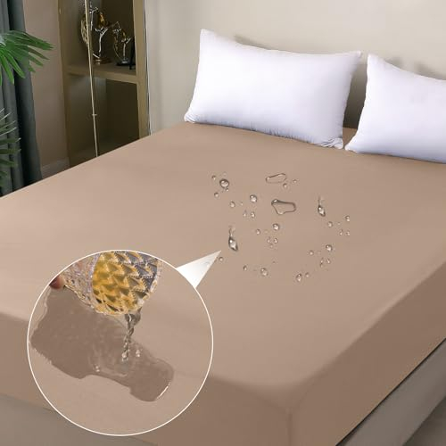 ohano Wasserdichter Matratzenschoner 160x200cm Spannbettlaken, Wasserdichter und Atmungsaktive Matratzenbezug, Inkontinenzauflage,Nässeschutz Bettlaken Spannbetttücher,für alle Jahreszeiten-Beige