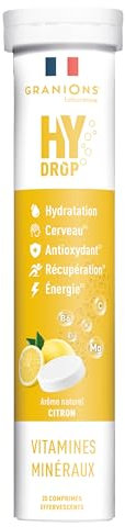GRANIONS HYDROP - Pastilles Hydratation - Citron - SANS SUCRES - Fabriqué en France - Electrolytes Hydratation - Vitamines, Minéraux, Magnesium - Pastille Hydratation - 20 Pastilles Effervescentes