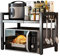 Haipky 2-Tier Adjustable Microwave Oven Rack, Expandable Kitchen Countertop Shelf with 6 Hooks, Metal Baker Rack, Space-Saving Kitchen Organizer, Black