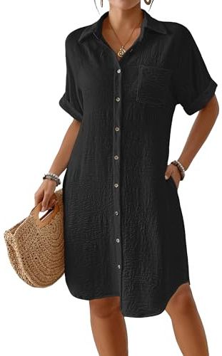 Bsubseach Womens Swimsuit Coverup Long Button Down Bathing Suit Cover Ups Short Sleeve Summer Beach Shirt Dress with Pockets Black L