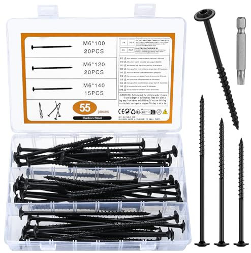 55 Piezas M6 Tornillos para Madera, Torx Tornillos Autorroscantes Multiusos, Set diTornillos de Cabeza Alomada para Construcción de Tejado Terrazas (55Pcs/M6 Negro)