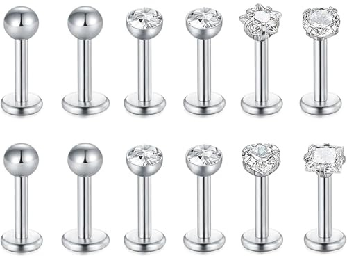 Syylqyr 12 Pcs Jewellery Tragus Earrings Set, Helix Lip Piercing Jewellery, Gold Cartilage Earrings Studs, Internal Thread Helix Lip Piercing Jewellery Flat Back Earring