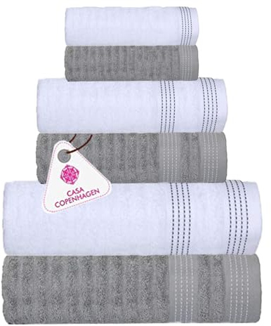 Casa Copenhagen Juego Regalo 6 Toallas de baño,600 gsm,Gris Violeta Blanco