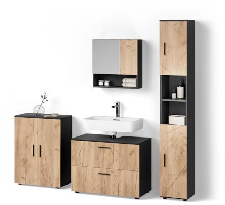 Livinity Conjunto de Muebles de baño Ronco, Oro Power Roble/Antracita, 4 Piezas, con cajonera y Mueble Alto