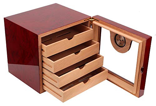 100 Cigar Humidor Cabinet Box with Hygrometer,Cedar Wood,Large Capacity,Stylish and Luxurious,Built-in Hygrometer,Four Small Cigar Cabinet for Different Sizes,22.6 x 24.1 x 22cm