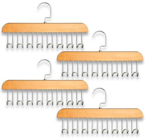Wooden Anti-Slip 8-Hook Belt Hanger for Closet - Wooden Closet Hanger Organizer with Anti-Slip Hooks for Ties, Scarves, Bras & Tank Tops (4Pcs Wood Color)
