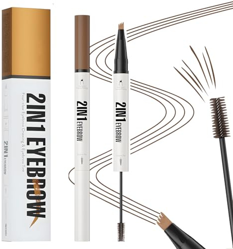 MOTIBACK Professioneller 2-in-1 Augenbrauenstift mit Gel, Microblading Stift und Wasserfester Brow Gel, 4 Gabelspitzen für Präzise Augenbrauen (Hellbraun)
