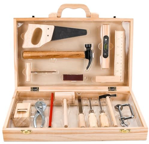 Juego De Caja De Herramientas,Construcción De Madera con Caja De Almacenamiento,kit de herramientas para niños,con Martillo y Sierra,Juego de Simulación para,juguete de construcción para juegos de rol