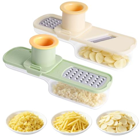 2pcs Garlic Slicer, 3-in-1 Multifunctional Garlic Slicer Mini Grater Cutter with Hand Guard & Container Cutter Tools for Kitchen