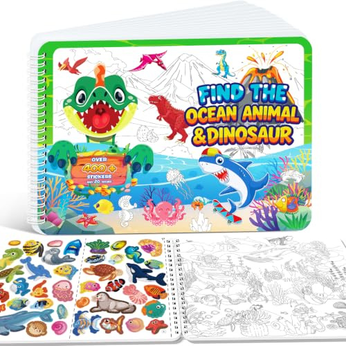 Elfew Trouver Les Livres D'autocollants Animaux pour Enfants 2-8 Ans | 400+ Dinosaures et Animaux Marins Gommettes, 20 Thèmes Cachés, Jouets Éducatifs pour Garçon Fille, Decalcomanie Enfant
