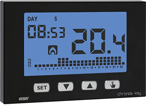 VEMER VE728200 Termostato de Ambiente de Pared para Calefacción y Aire Acondicionado, Pantalla LCD, Teclado de 4 Teclas, Programación Semanal, Alimentación 230V, Negro