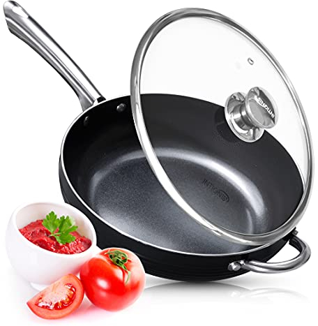 Padella a induzione con coperchio in vetro, bordo alto, rivestimento antiaderente chimico rinforzato in ceramica, coperchio in vetro a prova di forno (28 cm, Black)