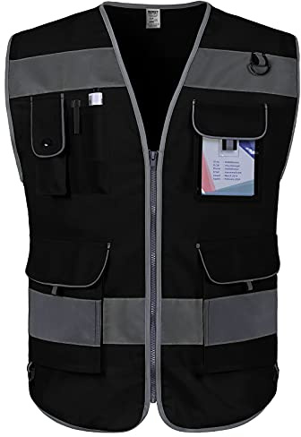 TCCFCCT Hi Vis Vest 9 Pockets High Visibility Safety Vest for Men, Black M