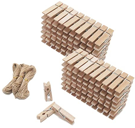CUWELT 250 x Mini Holzklammern mit Juteschnur, 3,5CM Natur Klein Klammer aus Echten Holz, Deko Klammern, Kleine Holzclips, Wäscheklammer für Fotopapier Stöpsel DIY-Liebhaber mit 30m Jute Twine