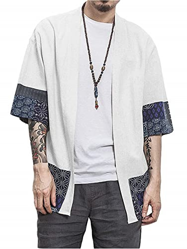 perdontoo Men's Cotton Kimono Jackets Loose Open Front Casual Cardigan (White, S)