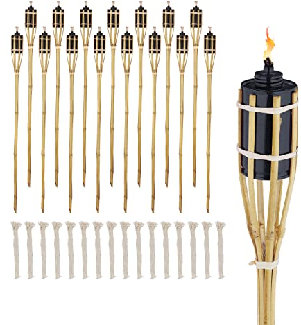 Relaxdays Torche de Jardin en Bambou, lot 16, décoration pour fête, avec mèches supplémentaires, 90x6 cm, Nature