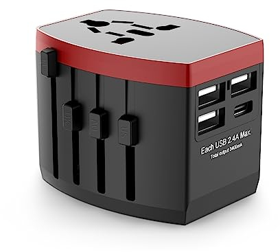 Reiseadapter Weltweit, Universal Reisestecker mit 3USB-A, 1USB -C und 1AC Steckdose travel Adapter, Internationaler Steckdosenadapter für Deutschland USA England Australien (Rot)
