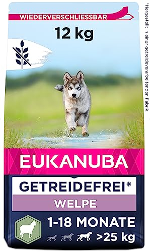 Eukanuba Welpenfutter getreidefrei mit Lamm für große Rassen - Trockenfutter ohne Getreide für Junior Hunde, 12 kg