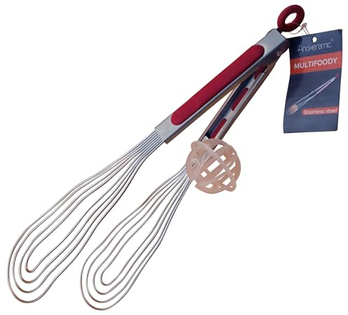 ANCKERAMIC Multifoody ® - 3 in 1 Küchenzange, Pfannenwender, Grillzange und Schneebesen mit flexiblen Greifzangen aus rostfreiem Edelstahl (Rot)