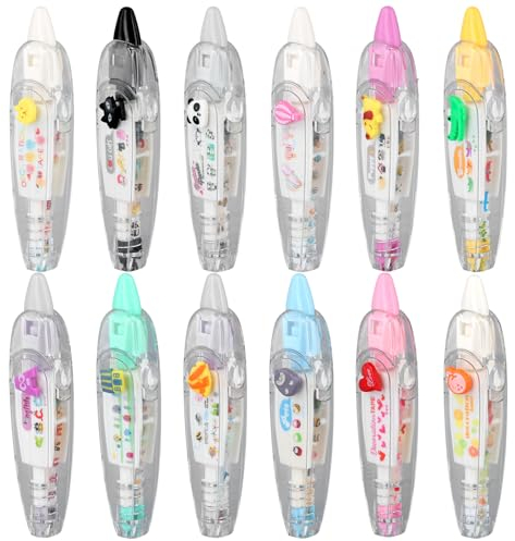 PEUTIER 12uds Animal Bolígrafo Decorativo Tipo Prensa, 12 Estilos Dibujos Animados Blanco Bolígrafo con Cinta Bolsillo Encaje Bolígrafo con Cinta Correctora para Manualidades Diario Recompensas Clase