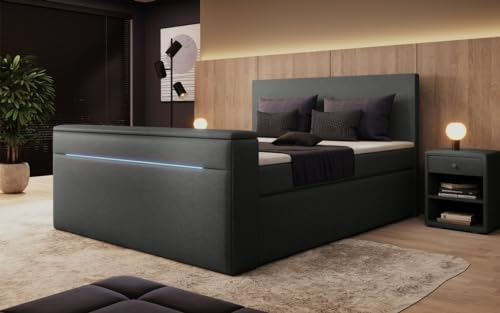 Boxspringbett Simple 160x200 Doppelbett Polsterbett Bett mit TV Lift und LED | Bezug: Stoff | Farbe: Grau | Härtegrad: H3 (70-100kg)