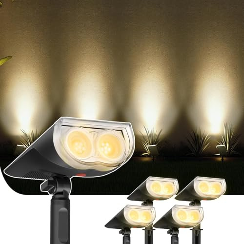 Linkind Luci Solari da Giardino, 4 pack Faretto Solare Bianco Caldo 3000K con 2 modalità, 350Lm Lampade Luci Solari Esterni Impermeabile IP67 per Cortile Prato Piscina, 2 Opzioni di Installazine
