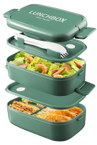 HENSHOW Bento Box Brotdose mit Fächern, 1500ml Auslaufsicher Lunch Box Brotzeitdose aus Kunststoff BPA Frei mit Besteck Erwachsene Brotdosen für Schule Arbeit Picknick Reisen (Grün)