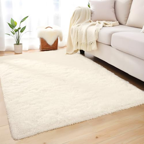AIMECO Cremeweiß Farbverlauf Flauschig Hochflor Teppich200x250 cm | Anti-Rutsch Leichtgewichtig, Skandinavischer Stil, Ideal für Wohnzimmer & Schlafzimmer