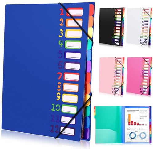 Tatxmalv A4 Dokumentenmappe, Fächermappe, Dokumentenmappe mit 12 Fächer, Mappe Organizer mit Gummizug für Büro Dokumente, Schule Hausaufgaben und Papier, Wasserdicht, mit Etikett (Blau)