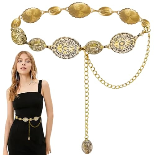 Damkedjebälte, 125 cm boho-kedjebälte, midjekedja, midjekedja, höftbälte, punk, gotiskt justerbart vintage legeringsbälte, för kvinnor flickor, klänningar, jeans, Guld, Gold
