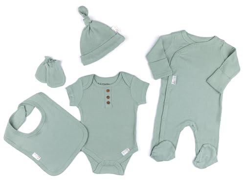 Soft Touch Newborn Essentials 100% Cotton Baby Ribbed Clothes for 0-3 Months 5 Pcs Set Long Sleeve suit, Bodysuit, Newborn Hat, Mittens, and Bib for Boys and Girls
