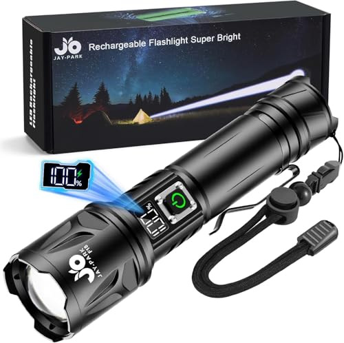 JAY-PARK Taschenlampe 500000 Lumen Aufladbare 5000 mAh mit LCD-Display und 5 Beleuchtungsmodi, LED Taschenlampe Extrem Hell Zoom Langer Lichtstrahl (3000m) für Outdoor, Camping