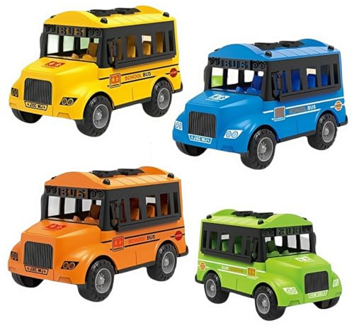 GUUMFOLL School Bus Toy Set, Pull-Back Function, Multi-coloured, 4 Vehicles, Ages 3+（YM-C34