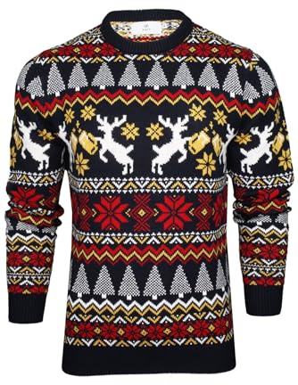 Xact Men's Fair Isle Christmas Jumper Reindeers Drinking Beer Pint Knit Sweater Funny Novelty Xmas Knitwear Winter Pullover Crew Neck (Cheers Reindeer - Ink) L
