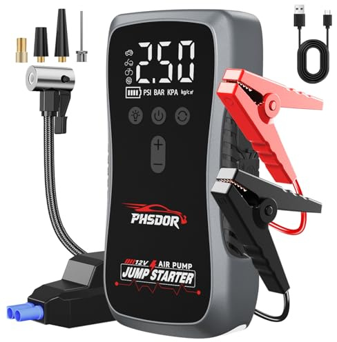 8000A Arrancador de Coches con Compresor de Air, 25000mah 150PSI Arrancador de Baterias de Coche (hasta Todo Gas o Diésel de 10,0L), 12V Arrancador de Coches Portatil, Jump Starter con luz LED