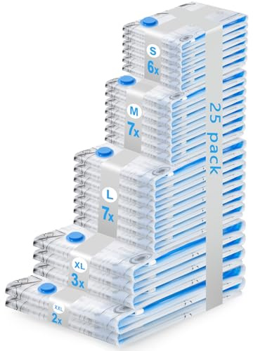 BoxLegend 25 Pezzi Sacchetti Sottovuoto Vestiti, Sacchi Sottovuoto 2 Jumbo + 3 Extra Grandi + 7 Grandi + 7 Medi + 6 Piccoli Sacchetti Salvaspazio Perfetti per Viaggi e Conservazione Piumoni Buste